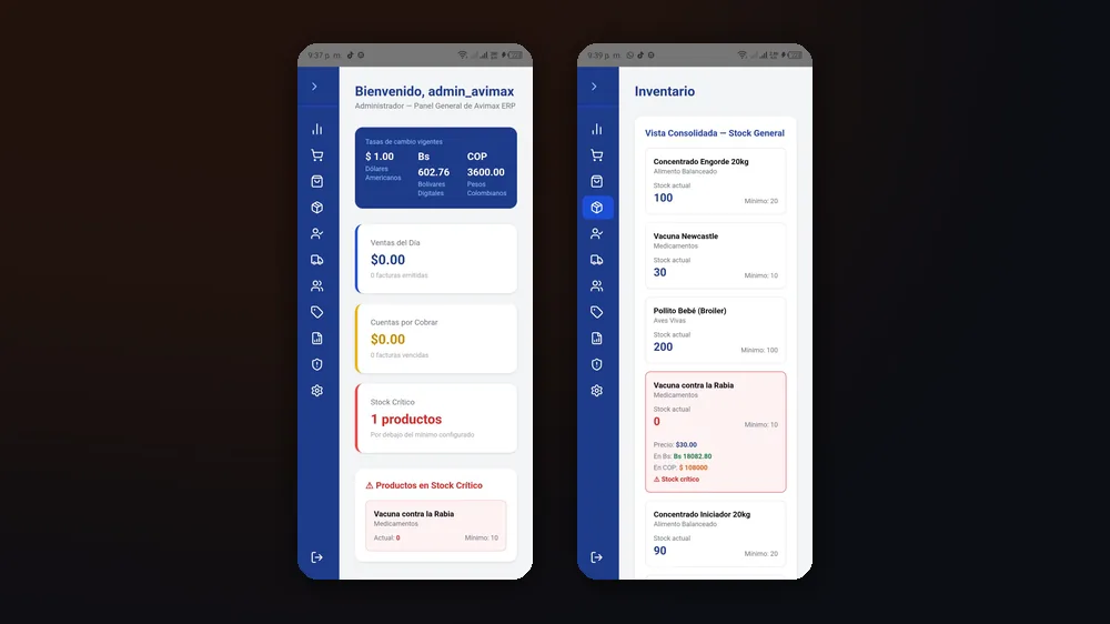 ERP movil Avimax en dos pantallas