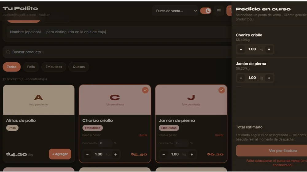 Pedido en curso en el POS para frigorificos